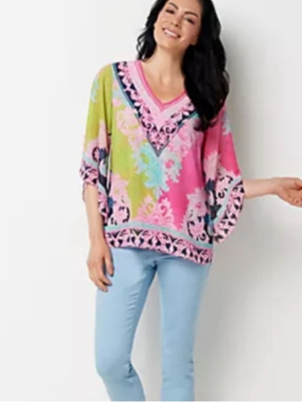 Belle by Kim Gravel Navy Tank with Pink & Aqua Paisley Trim S